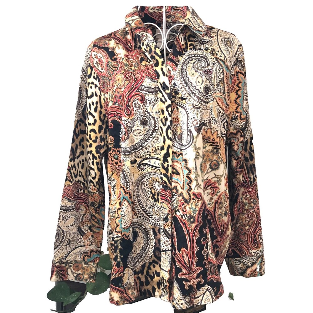 Chico's Paisley Gold Black Print 100% Cotton Button Down Shirt No Iron Large